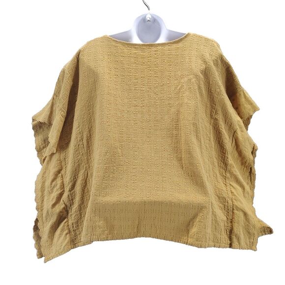 Easel Womens M Mustard Yellow Crinkle Cotton Batwing Eyelet Fabric Sleeve Blouse - Picture 9 of 12